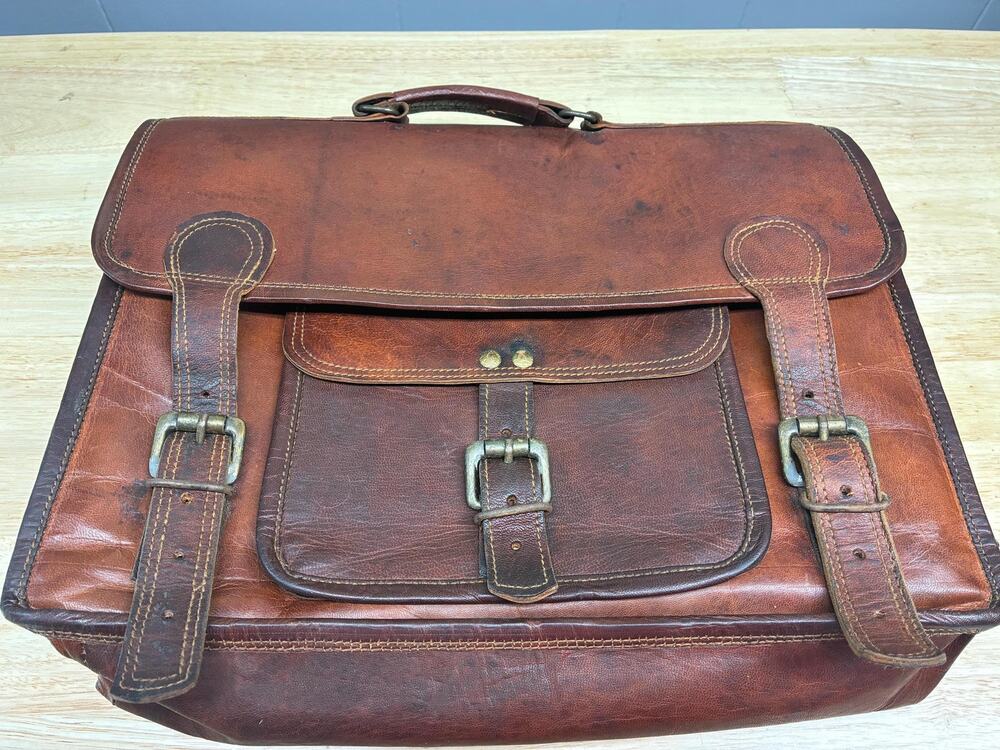 Vintage Brown Leather Messenger Bag Distressed Satchel Briefcase